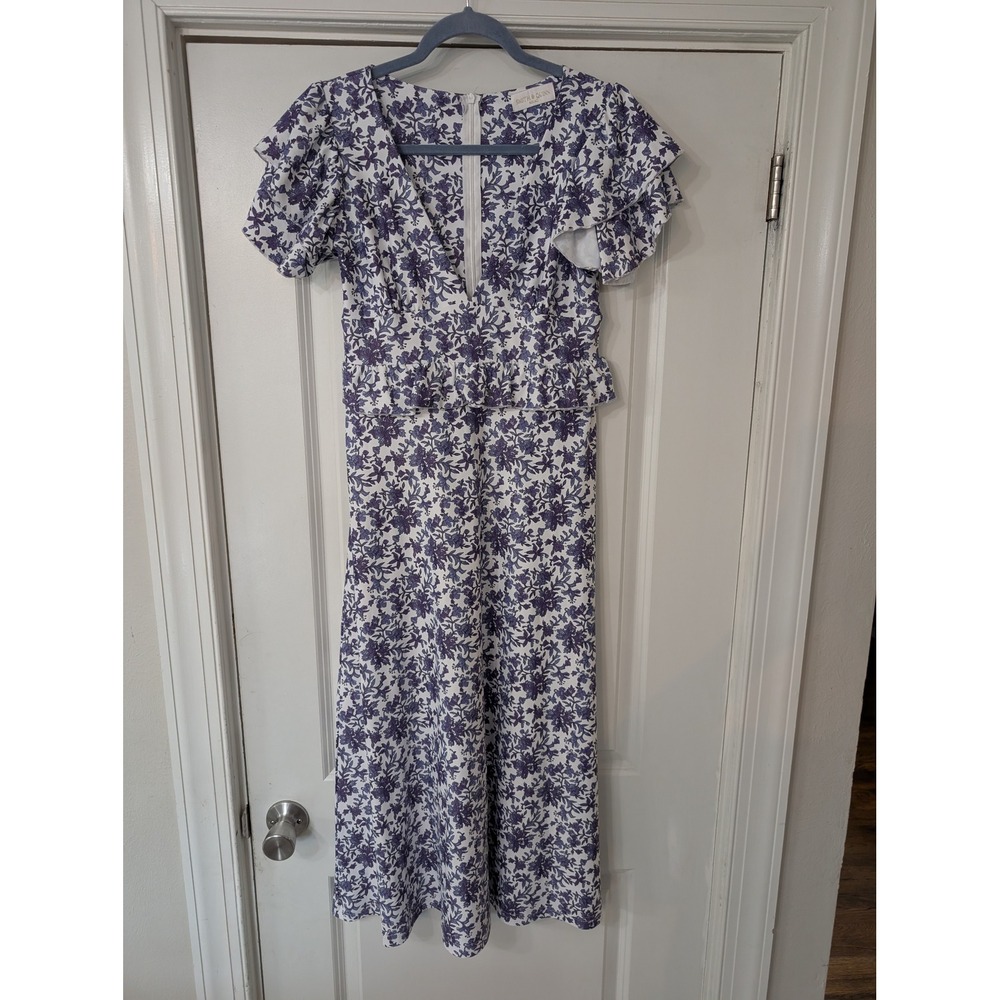 Smith & Quinn Purple Floral Flutter Sleeve Peplum Midi Dress Womens Small white